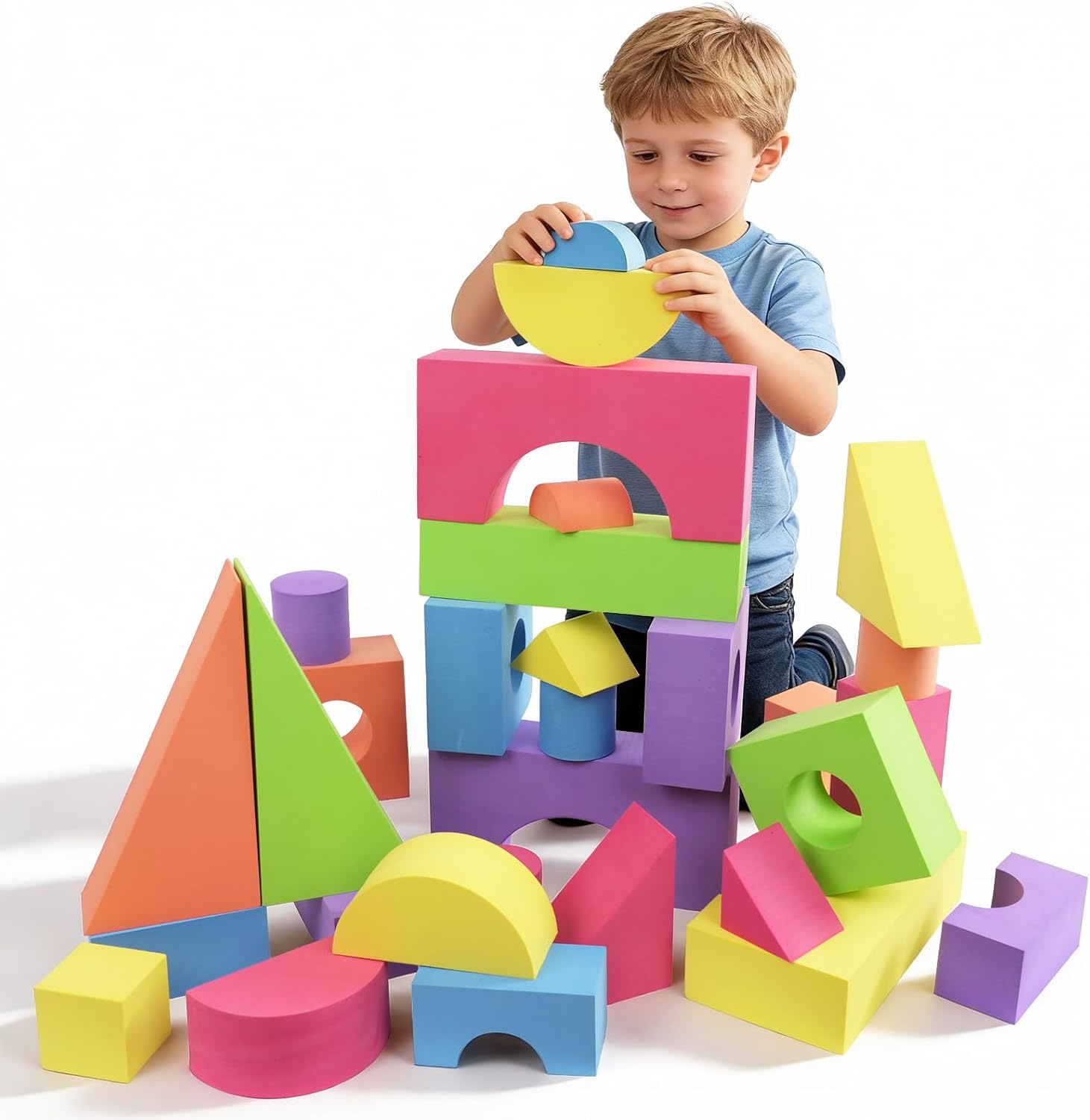 Bingyouth Large Building Foam Blocks for Toddlers, EVA Stacking Foam Building Blocks Toy Set, Non-Toxic, Washable, Early Learning Construction Toys &amp; Gifts for Kids Boys &amp; Girls (Blue, Pieces,