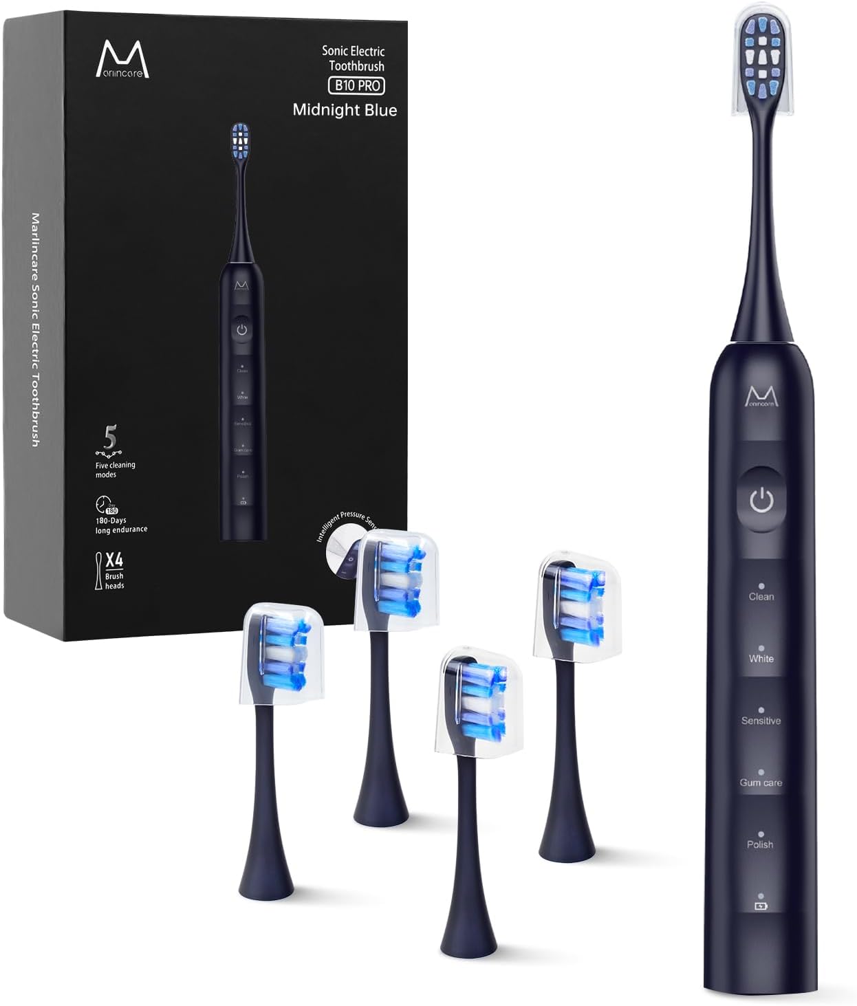 Marlincare Electric Toothbrush for Adults, Rechargeable Sonic Toothbrush with 180 Days Battery Life, 5 Modes, 48000VPM Motor, Smart Timer, IPX8 Waterproof, 4 Brush Heads and Travel Case, Black