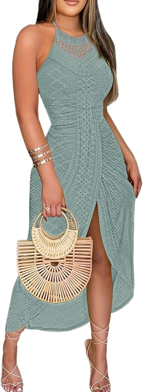CHICME Womens Summer Halter Dress Hollow Out A Line Vacation Dresses with Eyelet Embroidery &amp; Side Slit