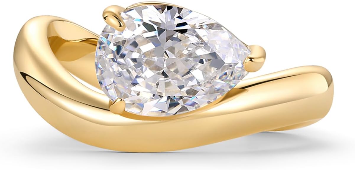 PAVOI 14K Gold Plated Wavy Engagement Ring for Women | Solitaire Cubic Zirconia Wedding Band &amp; Promise Rings for Her | Trendy Fashion Jewelry