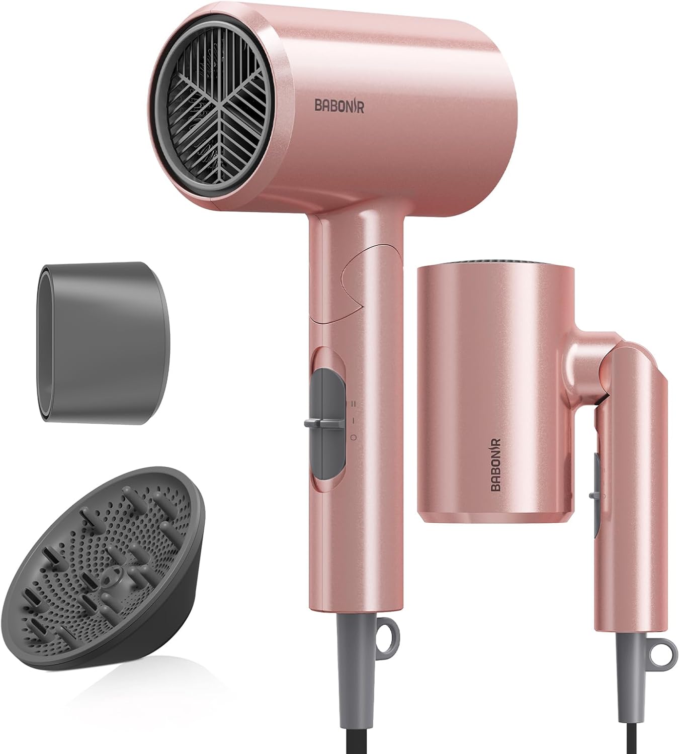 BABONIR Ionic Diffuser Hair Dryer for Curly Hair, 1875W Fast Drying Blow Dryer with Diffuser and Concentrator Nozzle, Compact &amp; Portable Negative Ion Hairdryer Blowdryer, 3 Heat 2 Speed Settings, 