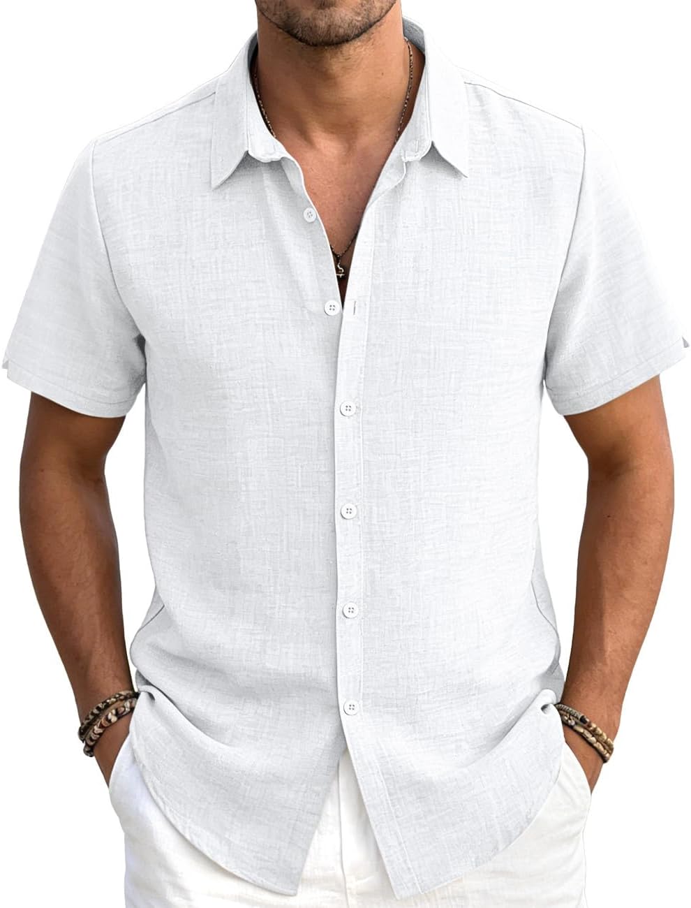 LINENNMAIN Men's Linen Shirts Casual Lightweight Button Down Shirt Beach Vacation Summer Tops Short Sleeve Stylish Shirt