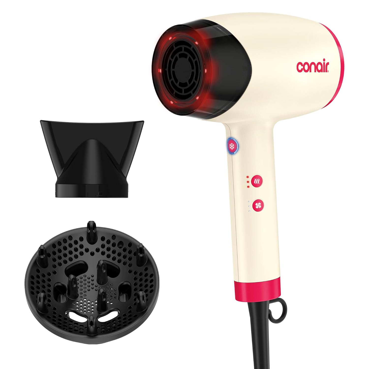 Infiniti PRO CONAIR LED Infrared Hair Dryer with Dual Ion Ceramic Technology, Anti-Frizz Ionic Blow Dryer, 3 Heat 3 Speed Settings, Professional Diffuser, White