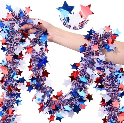 50FT 4th of July Patriotic Decor Tinsel Garland Decorations, Red White and Blue Star Garlands for Memorial Day Decor Fourth of July Independence Day Indoor Outdoor Yard Home Party Decor Supplies