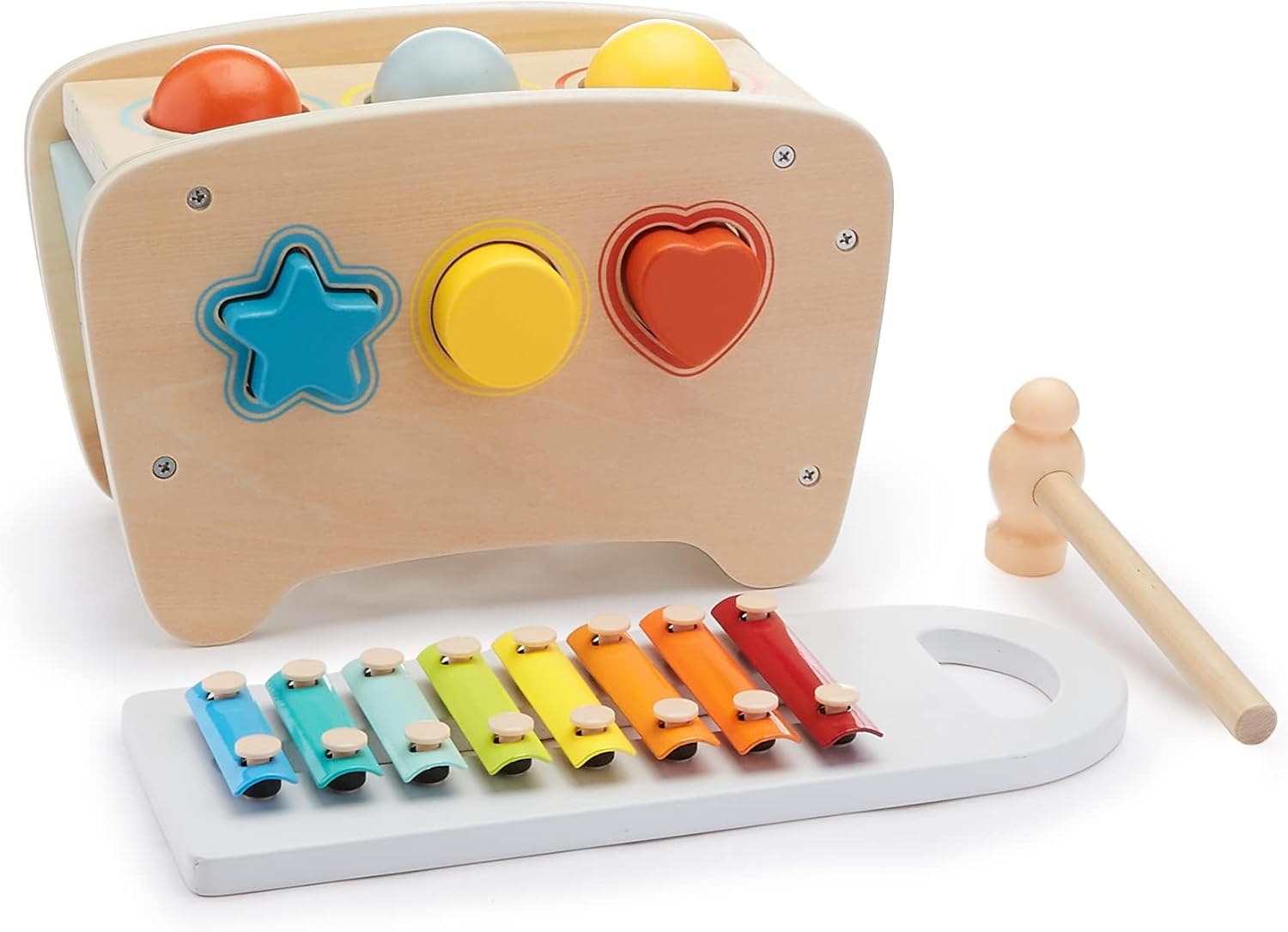 Amazon Basics Musical Pounding Bench With Xylophone and Shape Sorter Educational Toy for Toddlers, Developmental Learning Toy, Age 18M+, Boy Girl Baby, 11.6 x 5.2 x 6.3 inches, Multicolor