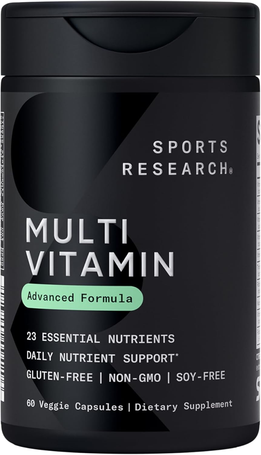 Sports Research® Multivitamin \u2013 Advanced Formula - 23 Essential Vitamins &amp; Minerals with CoQ10 &amp; Iodine - Daily Nutrient Support*- Non-GMO Tested &amp; Gluten-Free -60 Veggie Capsules