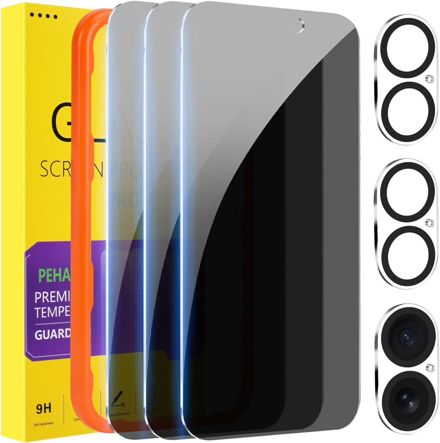PEHAEL 3+3 Pack for iPhone 16 Privacy Screen Protector with Camera Lens Protector Full Coverage Anti-Spy Tempered Glass Film 9H Hardness Easy Installation Bubble Free [6.1 inch]