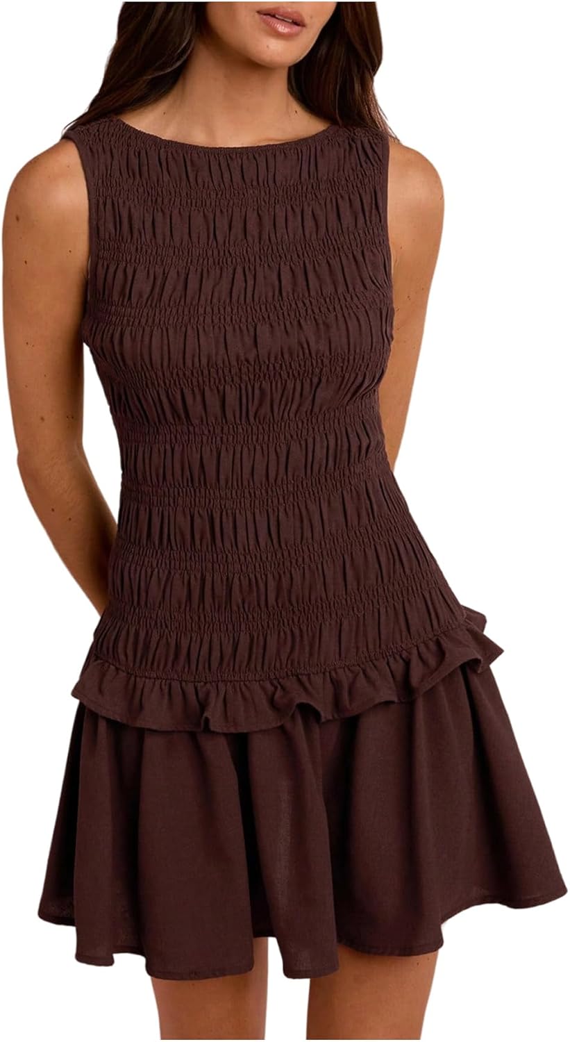 SHENHE Women's A Line Smocked Mini Dress Drop Waist Ruffle Hem Sleeveless Party Dinner Dress