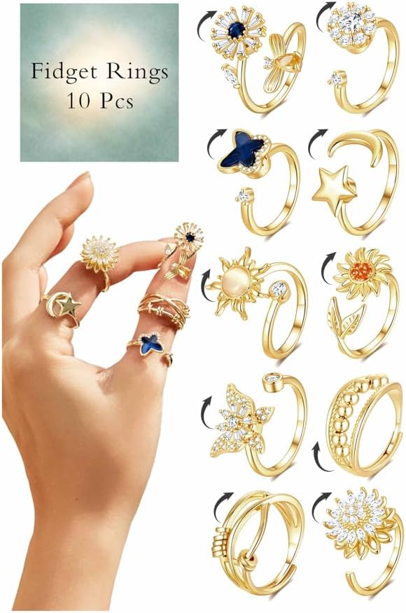 10Pcs Fidget Anxiety Rings for Women Adjustable Spinner Ring Gifts for People With Anxiety Moon Sun Butterfly Galaxy Daisy Flower CZ Stress Relief Calm Rings Jewelry 14K Gold\/Silver\/Rose Gold Plated