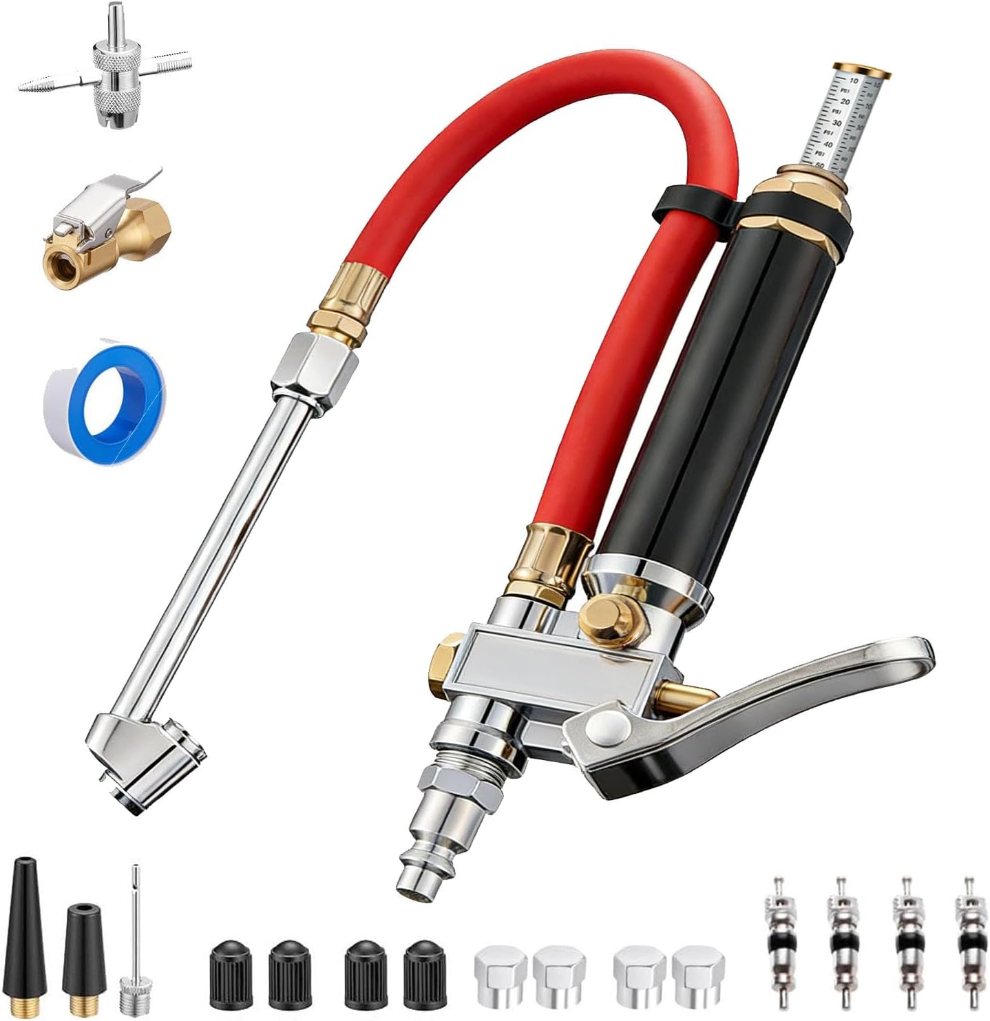 Air Chuck with Pressure Gauge, Heavy Duty Dual Head Tire Inflator Attachment for Air Compressor (1\/4" NPT) - for Car, Truck, RV, Motorcycle, Dually Tires