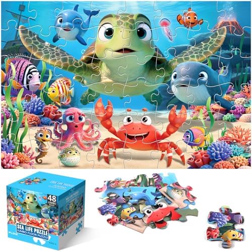Jumbo Floor Puzzle for Kids,48 Piece Animal Large Jigsaw Puzzles,Learning Educational Toys for Toddlers Ages 3-5,Sea Turtle Puzzle Children Easter Gift for Boy Girl Ages 4-8
