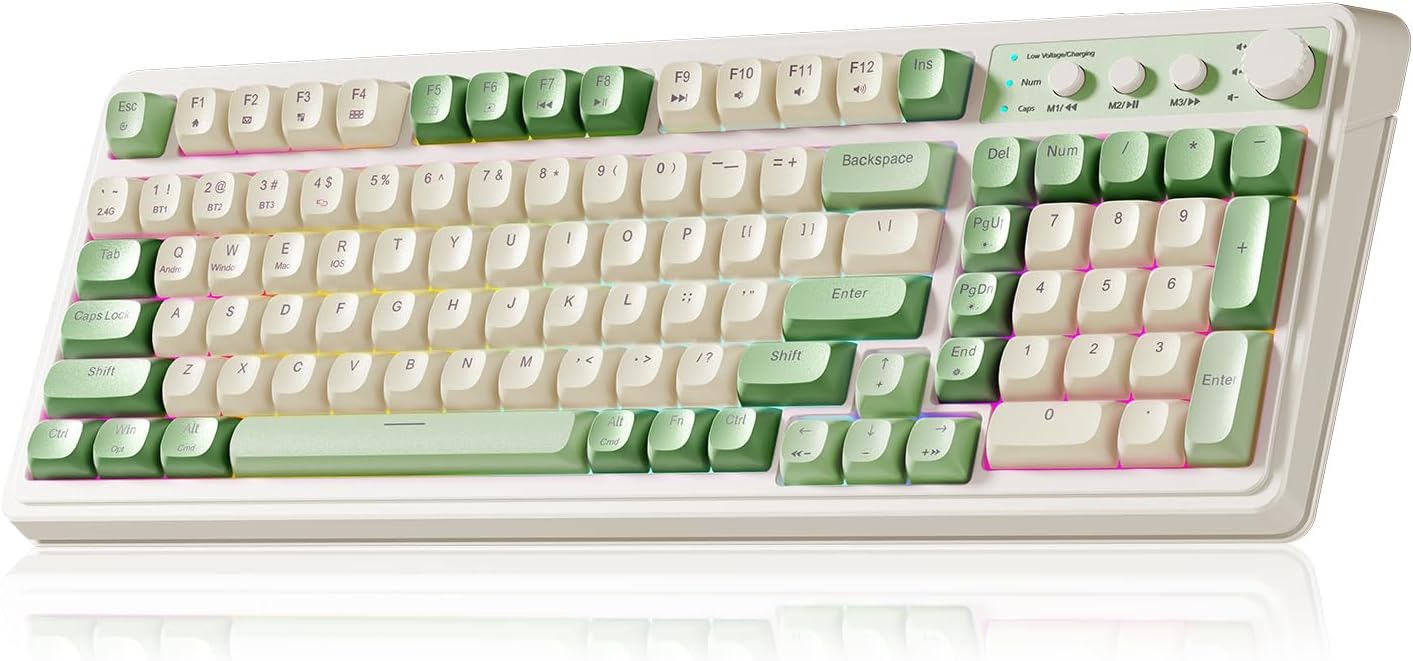 AULA S99 Gaming Keyboard, Wireless Computer Keyboards, Tri-Mode Bluetooth\/2.4GHz\/USB-C Custom Creamy Keyboard with Number Pad, RGB Backlit Media Knob Cute Programmable Keyboard for PC Gamer - Green