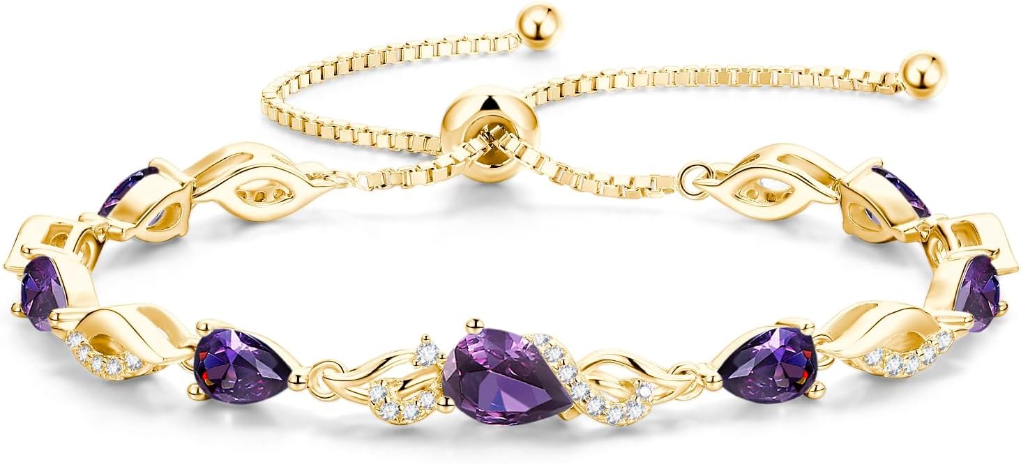 FANCIME Birthstone Teardrop Tennis Bracelet for Women, 14K Gold Plated Sterling Silver Adjustable Slider Bracelet Fine Jewelry Anniversary Birthday Gifts for Women Mom Wife Her