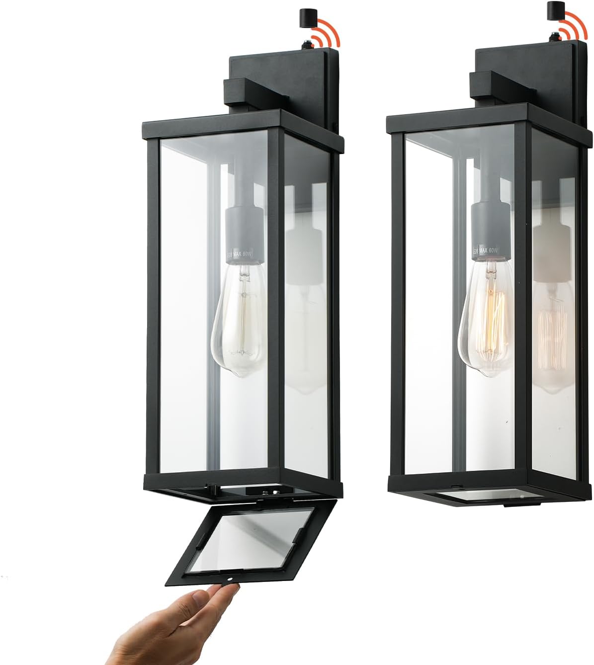 mirrea 18" Dusk to Dawn Classic Outdoor Wall Sconce 1 Light in Matte Black Rectangular Metal Frame and Clear Glass Shade Waterproof Porch Light Patio Light Pack of 2