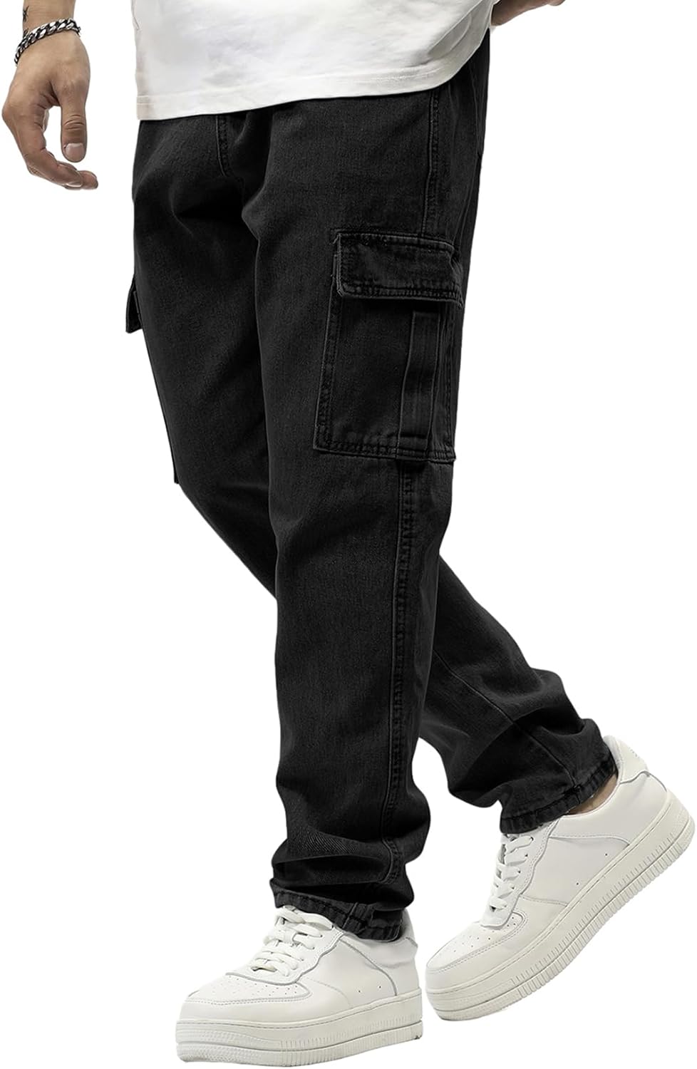 JMIERR Men's Elastic Waist Cargo Jeans Stretch Denim Pants with Drawstring Relaxed Fit for Casual Daily Wear