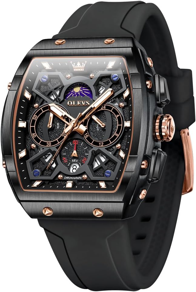 OLEVS Watches for Men Casual Luxury Large Face Multifunctional Chronograph Men's Watches Durable Silicone Strap Men Watch Date Moon Phase Analog Quartz Watch Reloj para Hombre