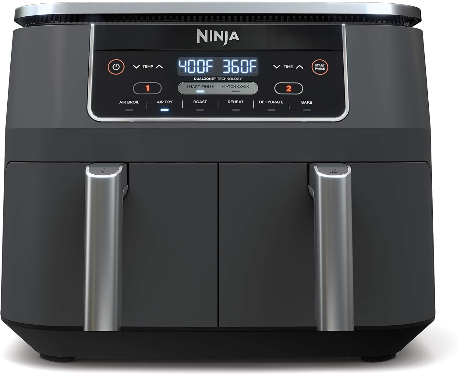 Ninja DZ201 Foodi 8 Quart 6-in-1 DualZone 2-Basket Air Fryer with 2 Independent Frying Baskets, Match Cook &amp; Smart Finish to Roast, Broil, Dehydrate &amp; More for Quick, Easy Meals, Grey