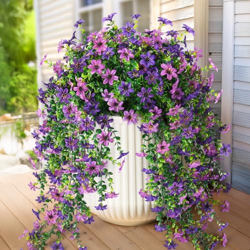 Artificial Fake Hanging Flowers Plants for Outdoor Spring Summer Decoration,2 PCS Faux Silk Daisy with Eucalyptus Leaves,UV Resistant Look Real for Outside Home Planter Porch Patio Balcony Yard Decor