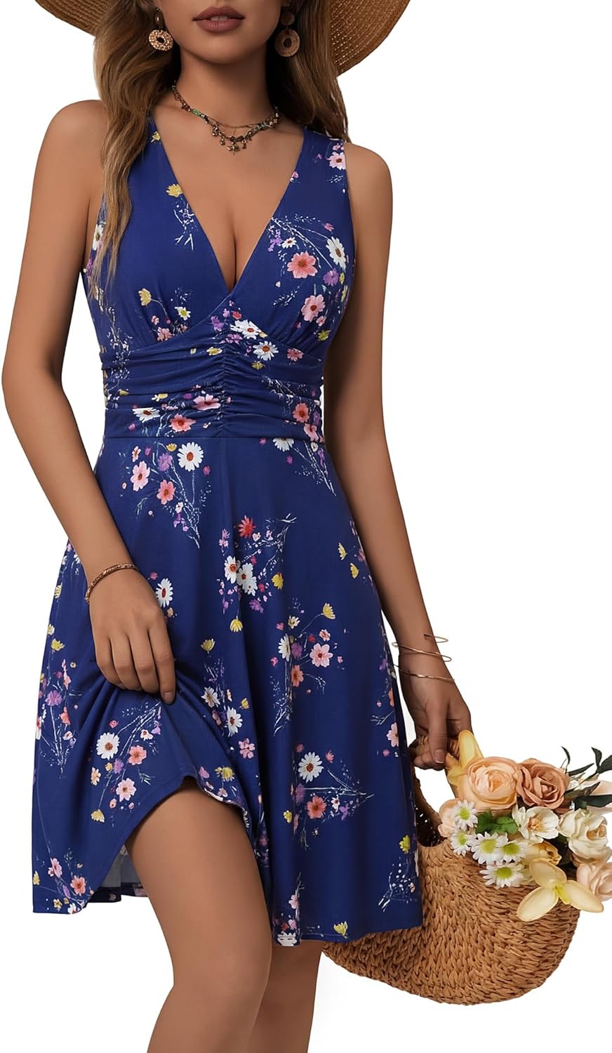 OURIN Women's Spring Deep V Neck Sleeveless Floral Sundresses with Pockets Flowy Summer Dresses for Women