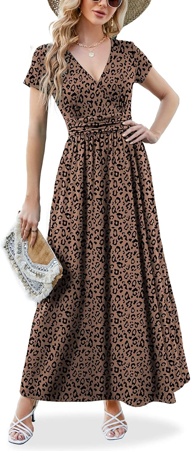 ANRILITA Maxi Dress for Women 2026 Wrap V Neck Short Sleeve Empire Waist Summer Casual Elegant Flowy Long Dresses with Pocket