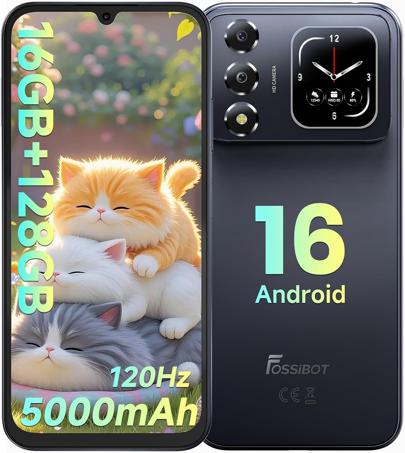 FOSSIBOT S7 Android 16 Cell Phone(2026), 16GB+128GB\/2TB Unlocked Phone, 6.9" Display 120Hz Dual-Screen Smartphones, 5000mAh Battery 4G Dual Sim Mobile Phones, Gemini Al\/GPS\/Face ID (Black)