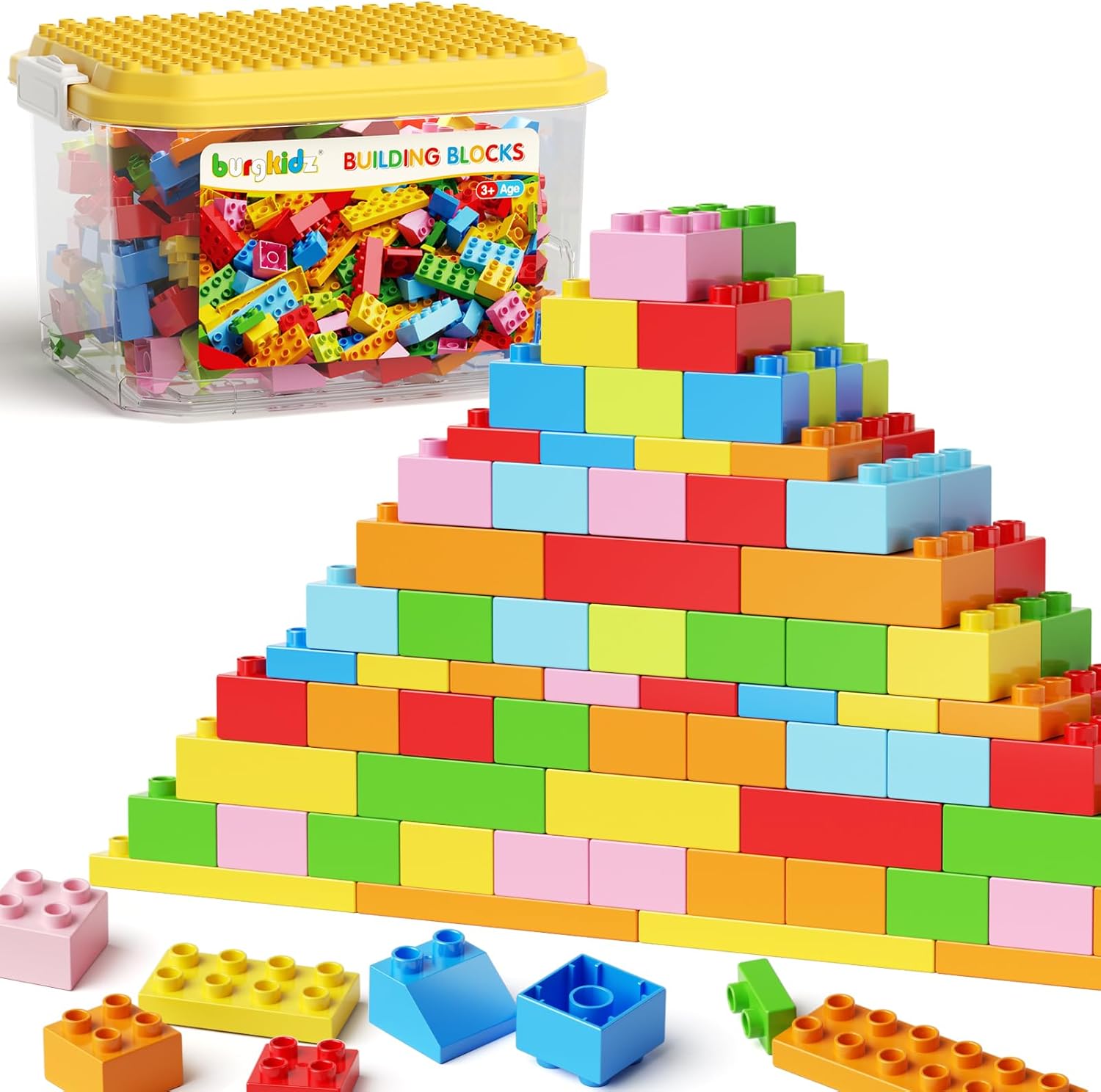burgkidz 150PCS Jumbo Building Blocks with Clear Storage Box &amp; Baseplate Lid - STEM Educational Toys for Toddlers 3+ Years, Compatible with Major Building Systems