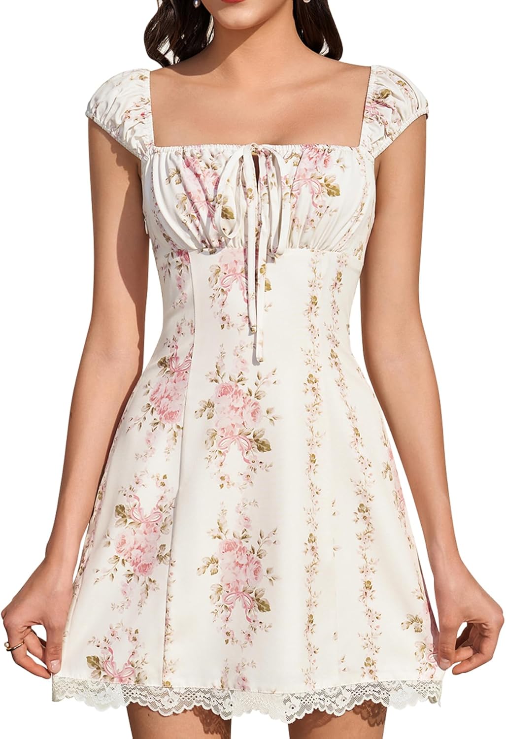 HTZMO Corset Floral Mini Dress Lace Up Square Neck Cute Summer Graduation Short Dresses for Women 2026