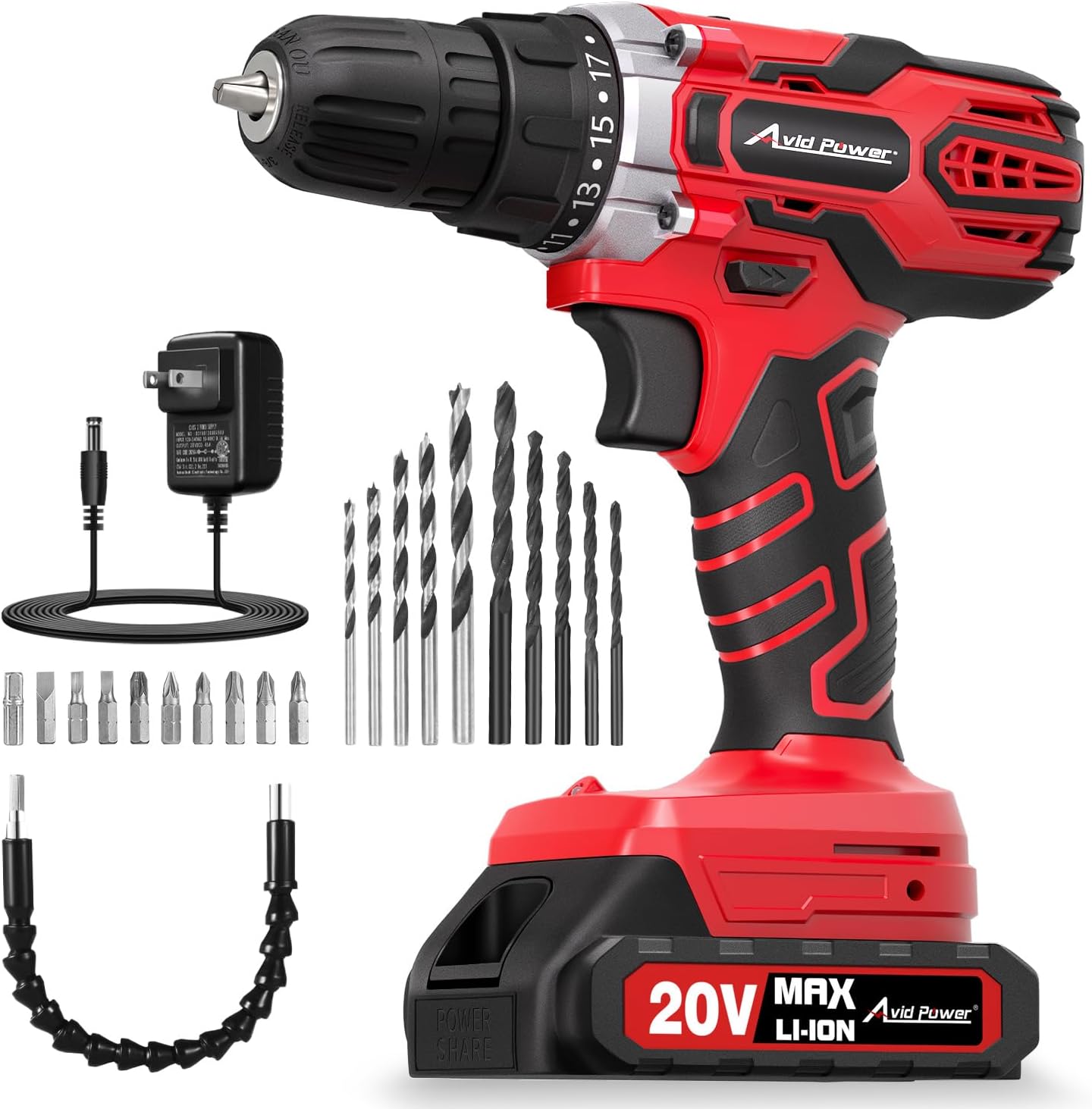 AVID POWER 20V MAX Power Drill Kit, Cordless Drill Set with Battery and Charger, 2 Variable Speed, 3\/8-Inch Keyless Chuck, 19 Position and 22pcs Bits
