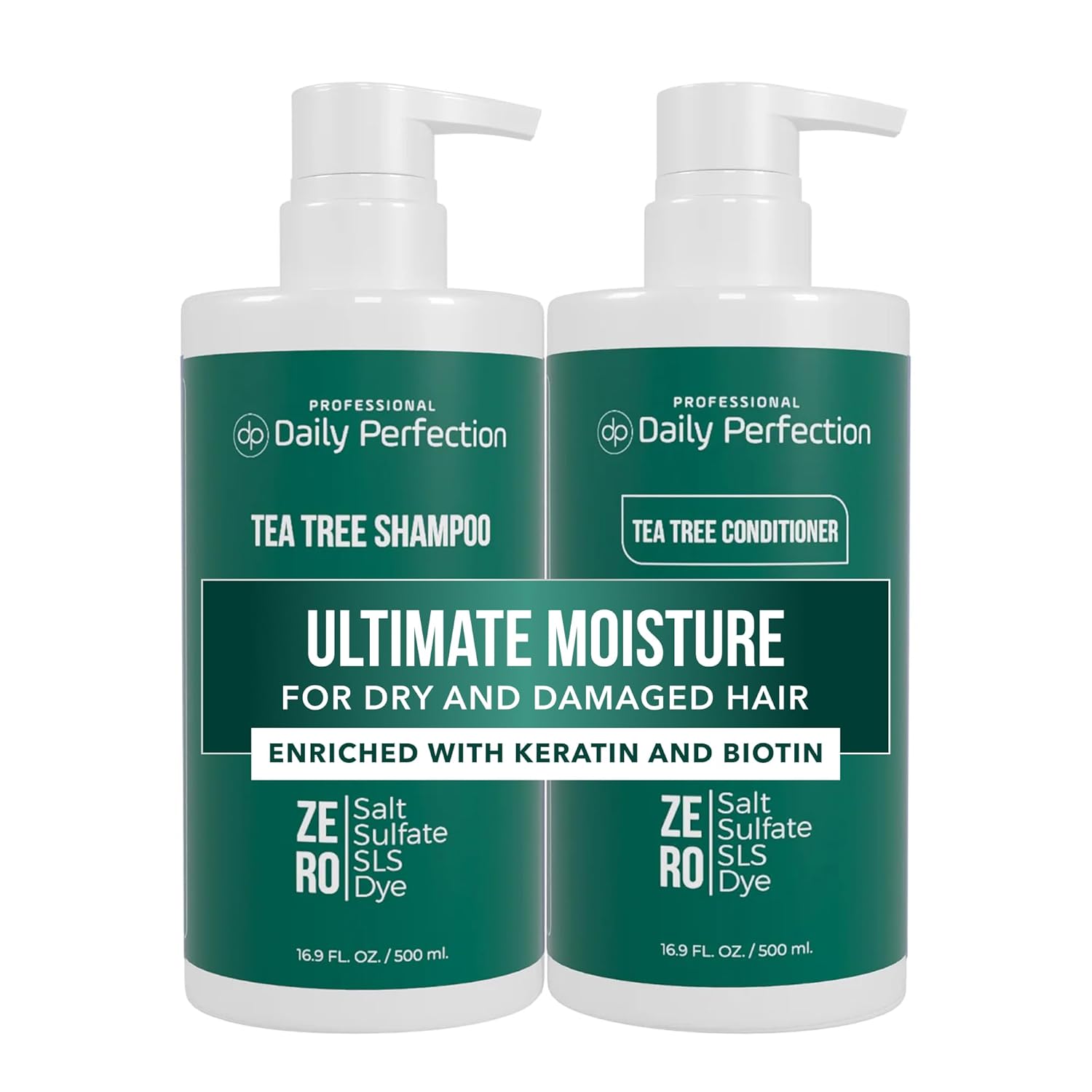 Daily Perfection Tea Tree Shampoo and Conditioner Set - Ultimate Moisture Hair Care Duo with Biotin and Keratin for Dry and Damaged Hair - Salt, Sulfate and Paraben Free - 16.9 Fl Oz Each, 2-Piece Set