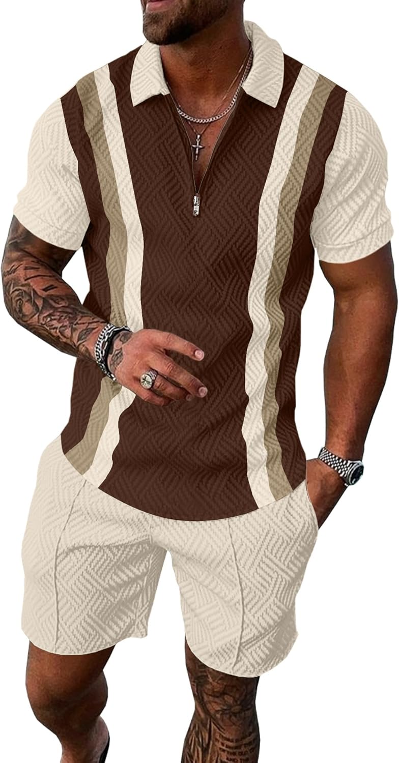 UOUA Mens Summer Track Suits 2 Piece Shorts Sets Short Sleeve Sweatsuit Outfits 1\/4 Zip Golf Polo Splicing Striped Shirts