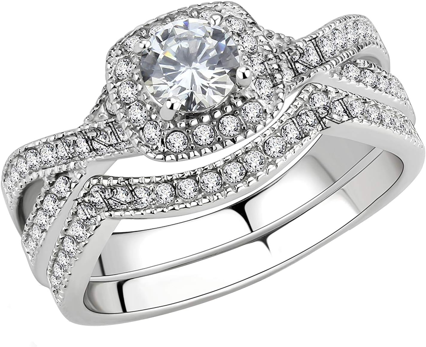 FlameReflection Stainless Steel Rings for Women Infinity Wedding Set Round CZ Cubic Zirconia Halo Engagement Bridal Jewelry Set