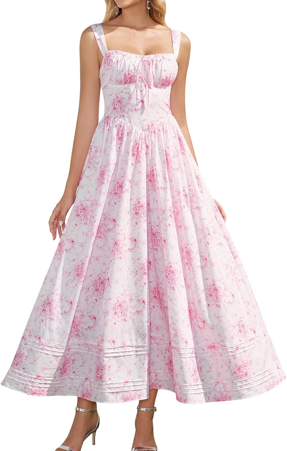 HTZMO Floral Summer Wedding Guest Party Long Dress Square Neck A Line Casual Vacation Milkmaid Maxi Sundress for Women