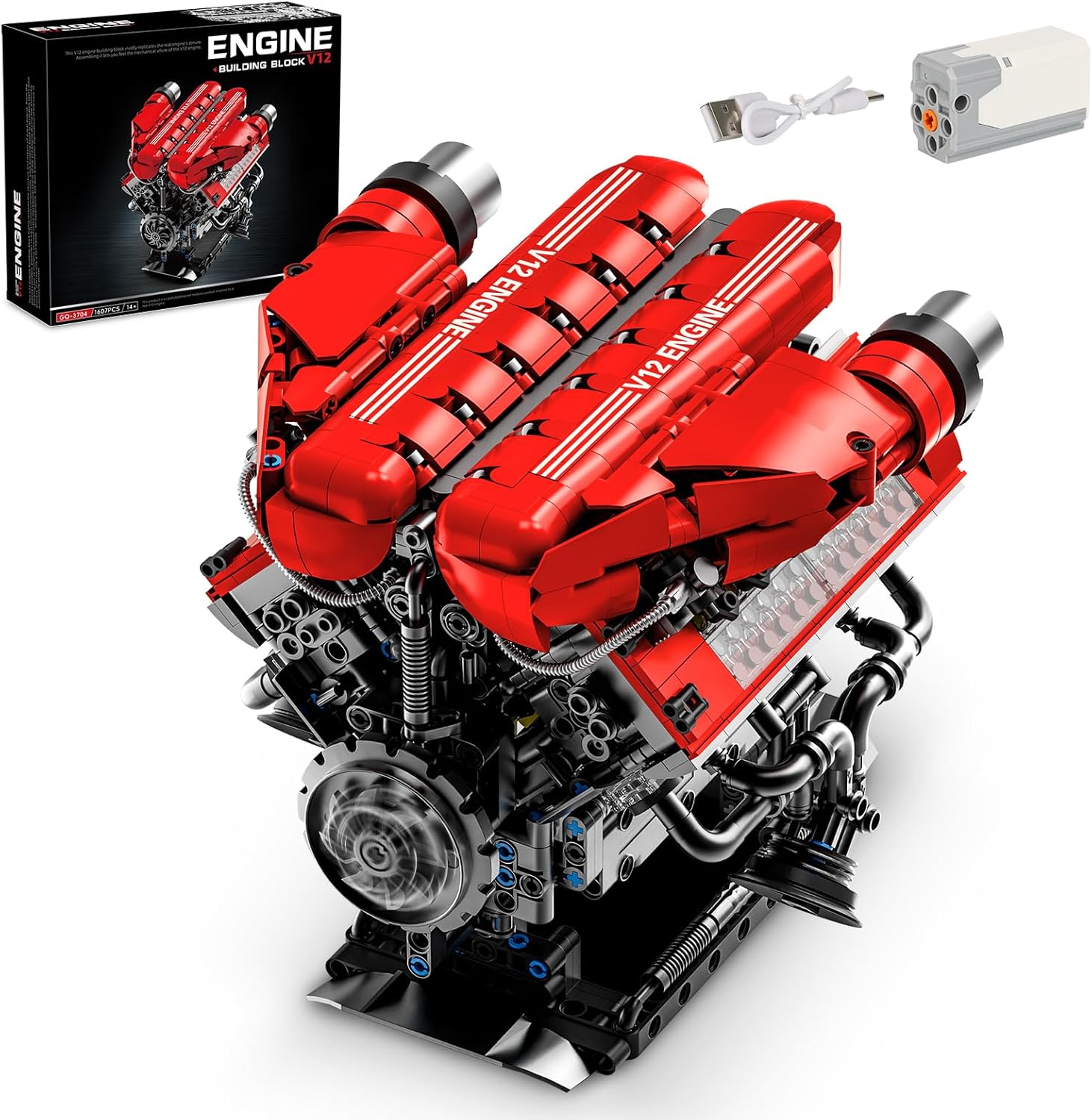 BseSparklion V12 Engine Model Kit That Runs, 12-Cylinder Sports Car Engine Building Set with Rechargeable Motor, Compatible with Lego for Adults, Engineering Construction STEM Toy for Teens (1607 PCS)