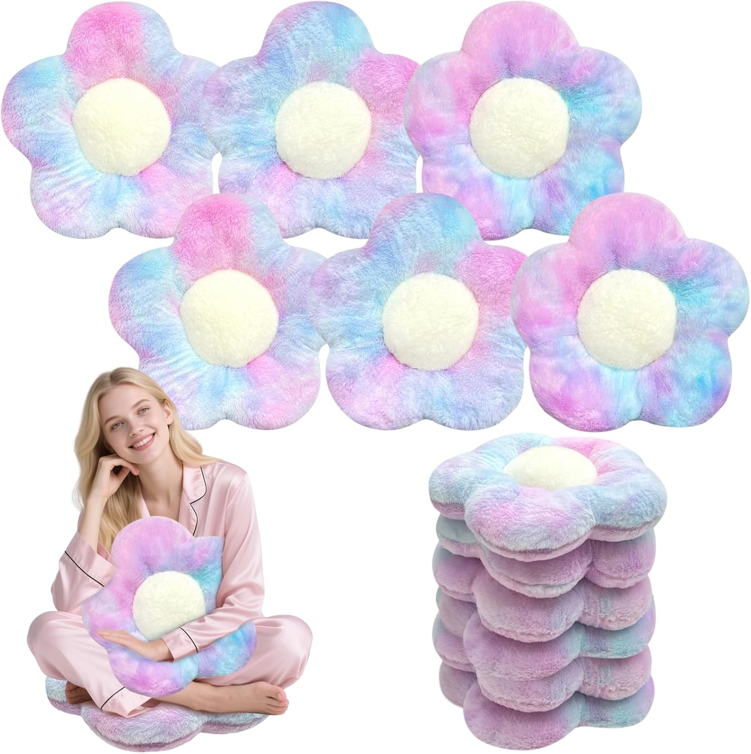 YEXEXINM 6 PCS Daisy Flower Shaped Throw Pillow, Cute Floor Cushion Seating Decorative Soft Plush 3D Floral Cushion for Couch, Bed, Sofa, Chair &amp; Home Decor (Multicolored, 14 Inch)
