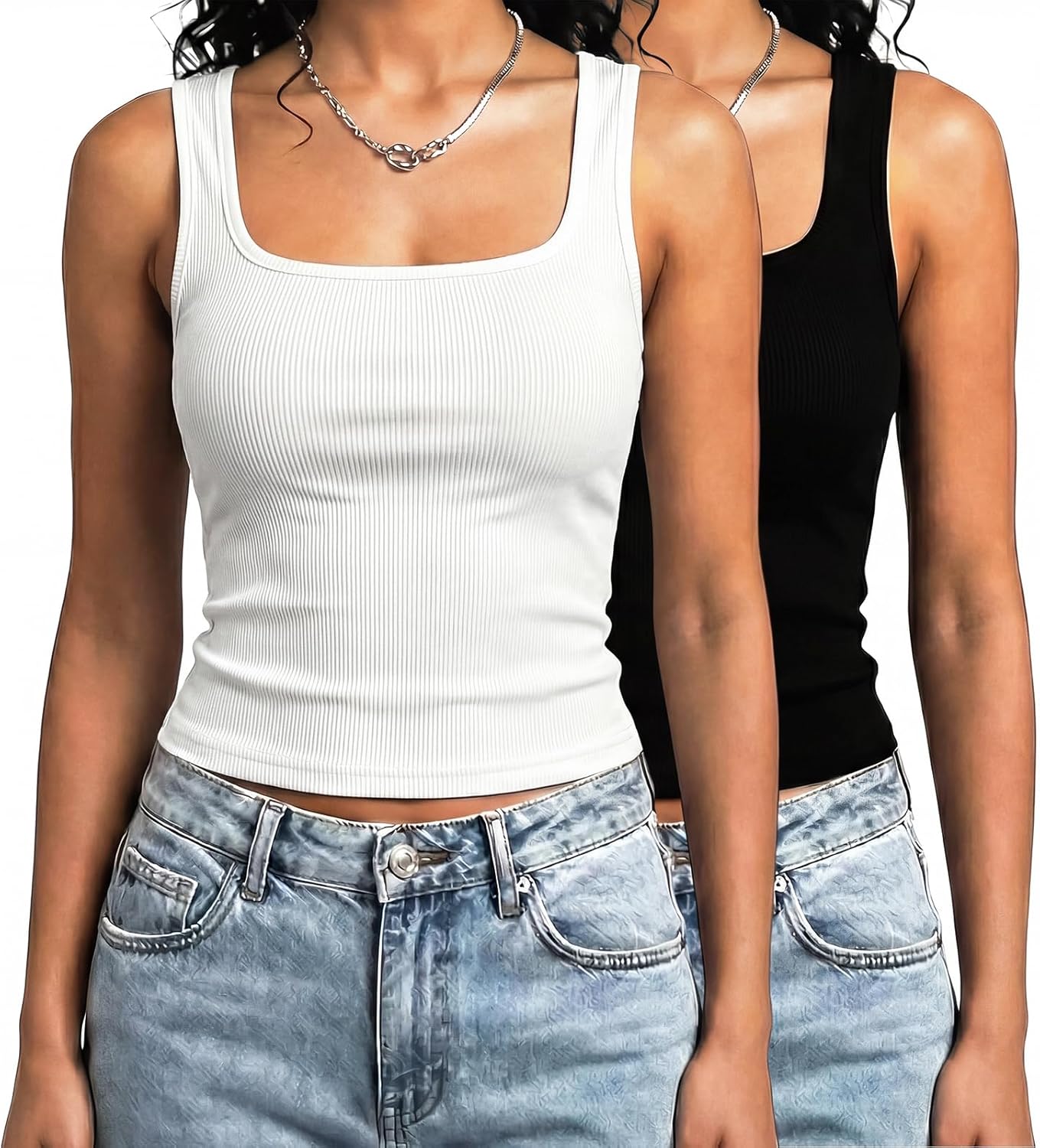 YrSaMarLar Women's 2 Pack Summer Square Neck Tank Tops Workout Cropped Ribbed Summer Camisole Sleeveless Clothes 2025