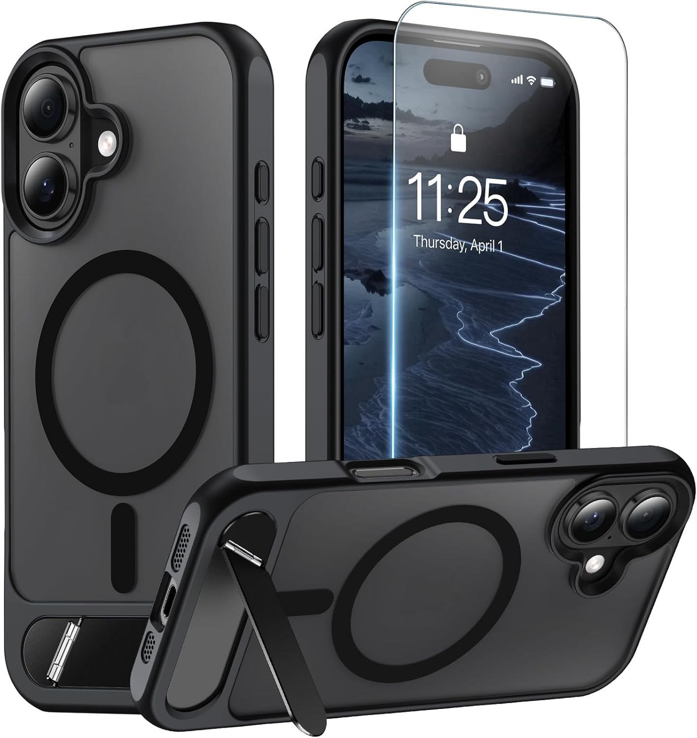 Ratcase Magnetic for iPhone 16 Case (Built-in Invisible Kickstand)(Screen Protector)(Compatible with MagSafe)(Military Grade Shockproof) Translucent Matte Slim Phone Cover,Black