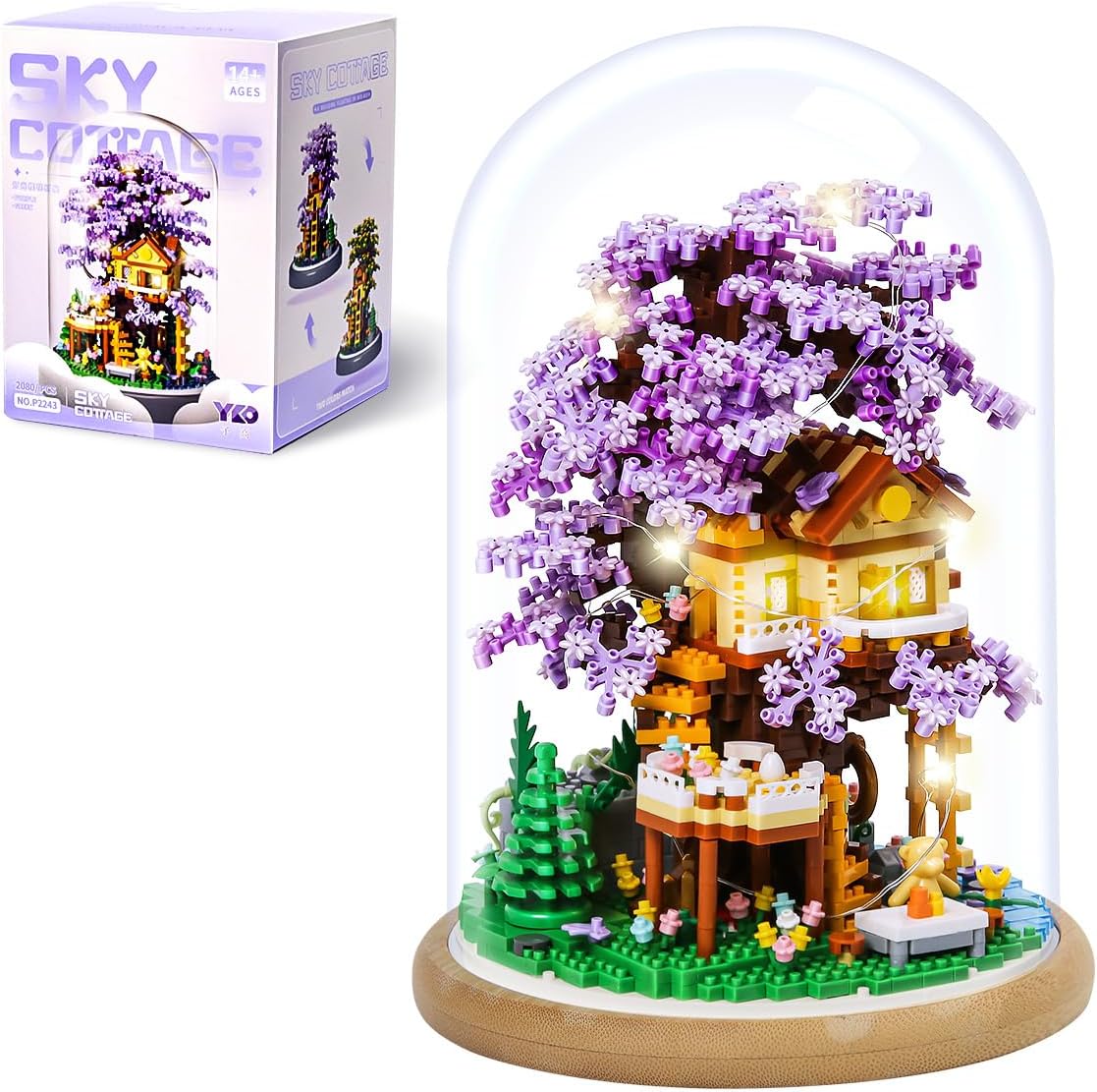 DIY Flower Building Toy Sets Miniature Cherry Blossom Tree House Building Kit, Purple &amp; Yellow Sakura Flowers, Building Blocks Set for Adults &amp; Girls - Bonsai Tree Model with Dust Cover