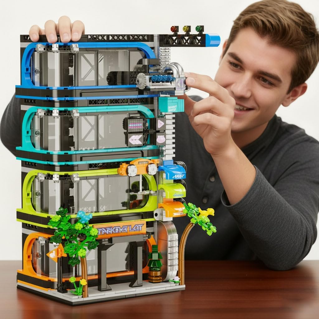 NEWABWN City Parking Tower Building Set for Adults, 1144Pcs Vertical Garage Display, Compatible with Lego City Mini Cars (6-Stud Wide) &amp; 1:64 Die-Cast Models, Architecture Building Kit for Collect