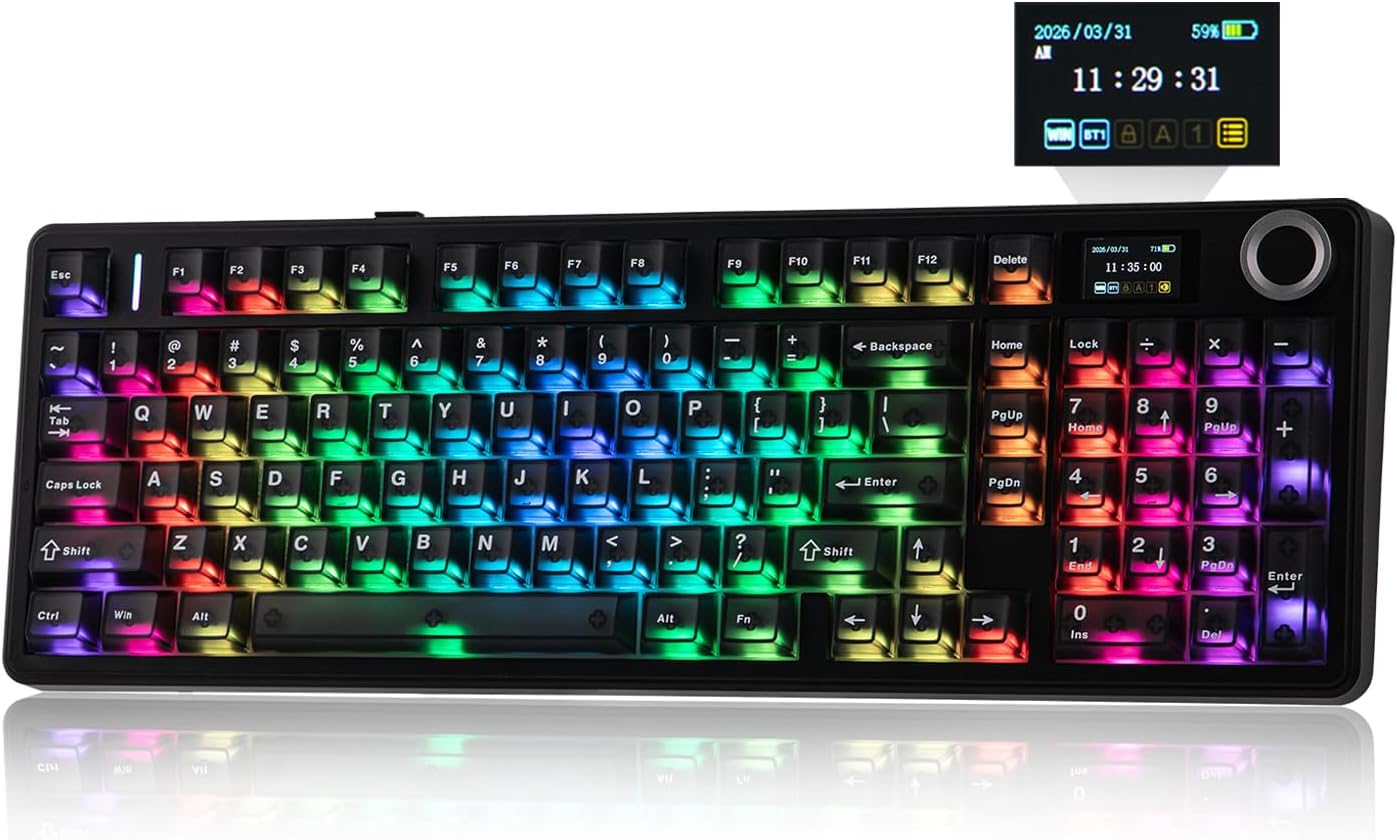 EPOMAKER Aula F99 MAX Wireless Mechanical Keyboard, Smart Screen &amp; Knob, 8000mAh, 2.4Ghz\/BT Creamy Keyboard, Pre-Lubed Switch, Hot-Swappable, RGB Backlit, Custom Software (Black)