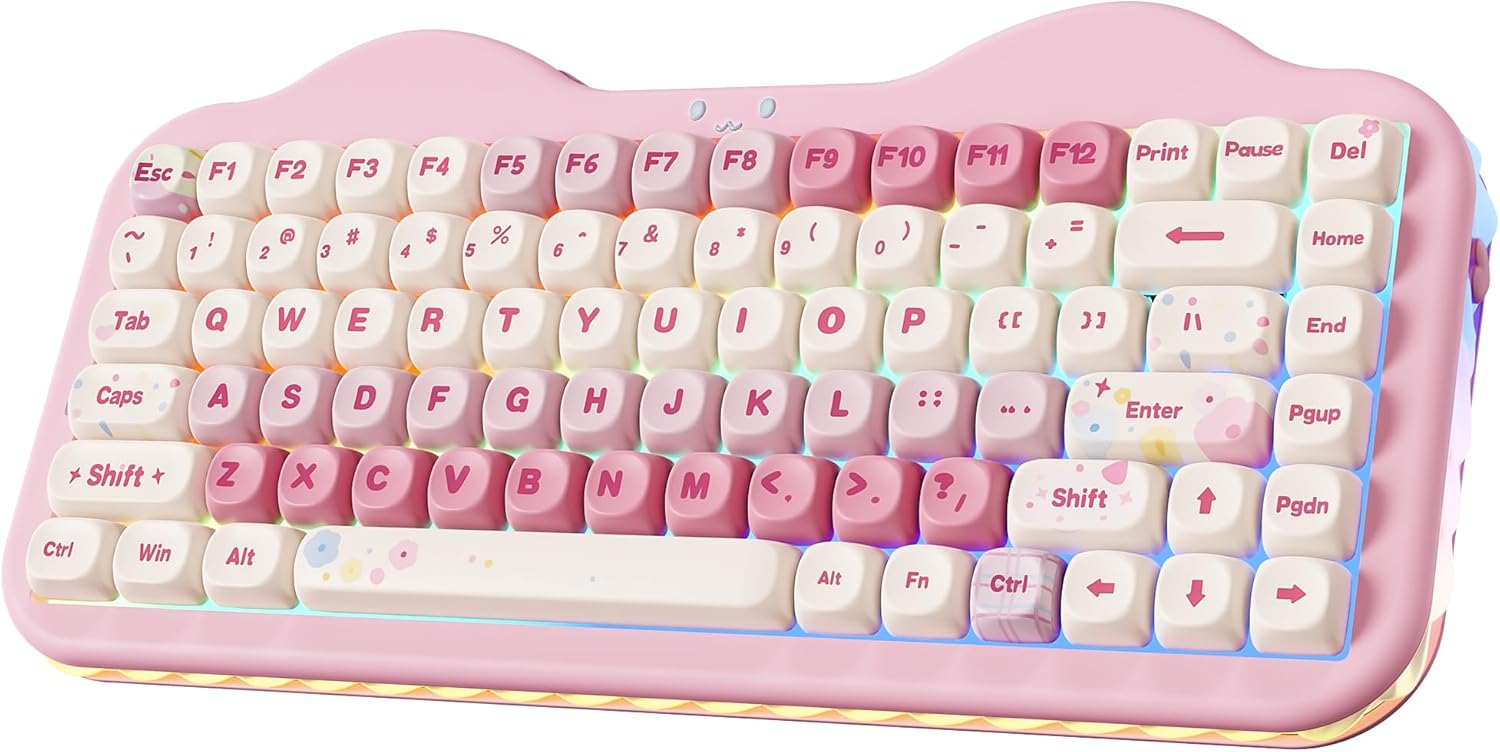 YUNZII C75 Wireless Mechanical Keyboard,75% Layout, Hot-Swappable NKRO,BT5.0\/2.4G\/USB-C Mode,Dye-Sub PBT MOA Keycaps,RGB Gasket Mount,Cute Cake Design for Mac\/Win\/Gaming (Pink, Candy Switch)