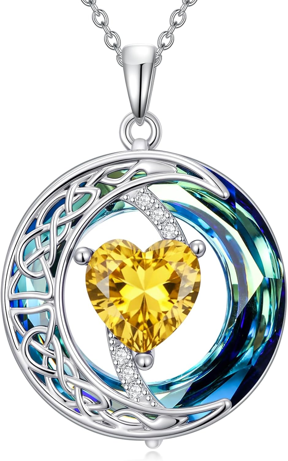 IMZM Mothers Day Gifts for Women Moon Pendants Necklace with Heart Birthstone 18K White Gold Plated Blue Crystal Celtic Moon Jewelry Valentine Anniversary Birthday Gift for Wife Mom Sister Grandma Her