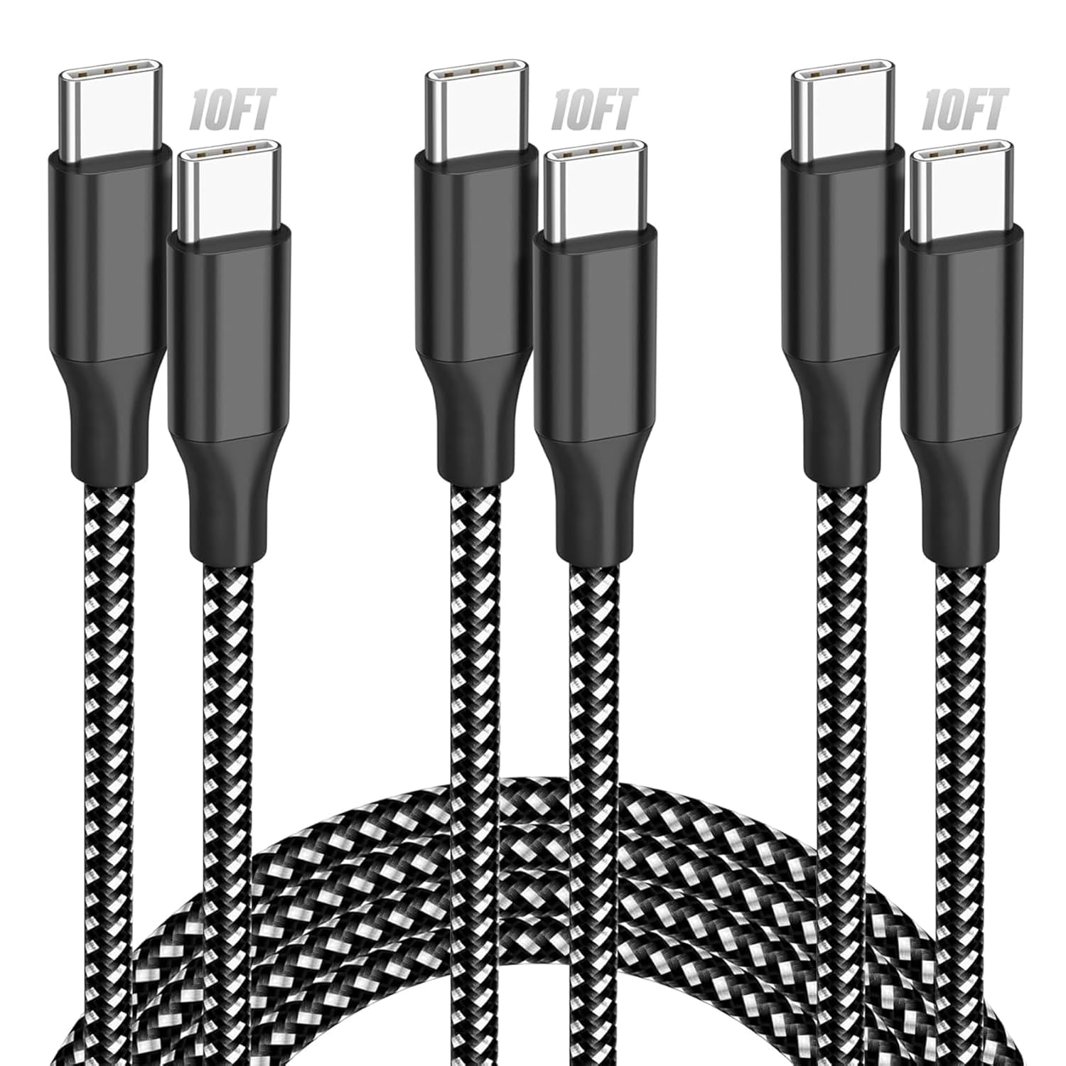 Bkayp USB C Cable 10ft 3-Pack, 60W Fast Charging Type C to Type C Charger Cord, Durable Braided Nylon Data Sync Cable Compatible with iPhone 17\/16\/15 Pro Max Plus, iPad Pro Air, MacBook and More