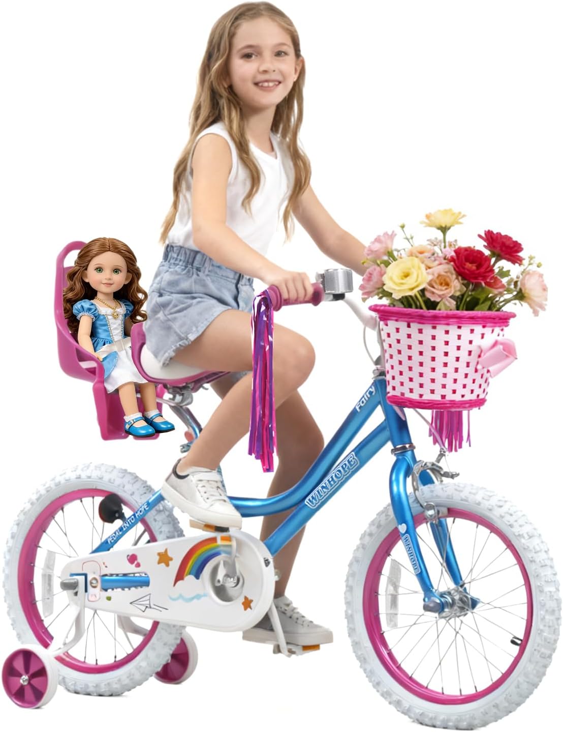 WinHope Girls Bike, 12 14 16 18 Inch Kids Bike for 2-9 Years Old, Beginner Children's Bicycle with Training Wheels, Doll Seat &amp; Basket,Streamers for Outdoor Riding, Multiple Colors