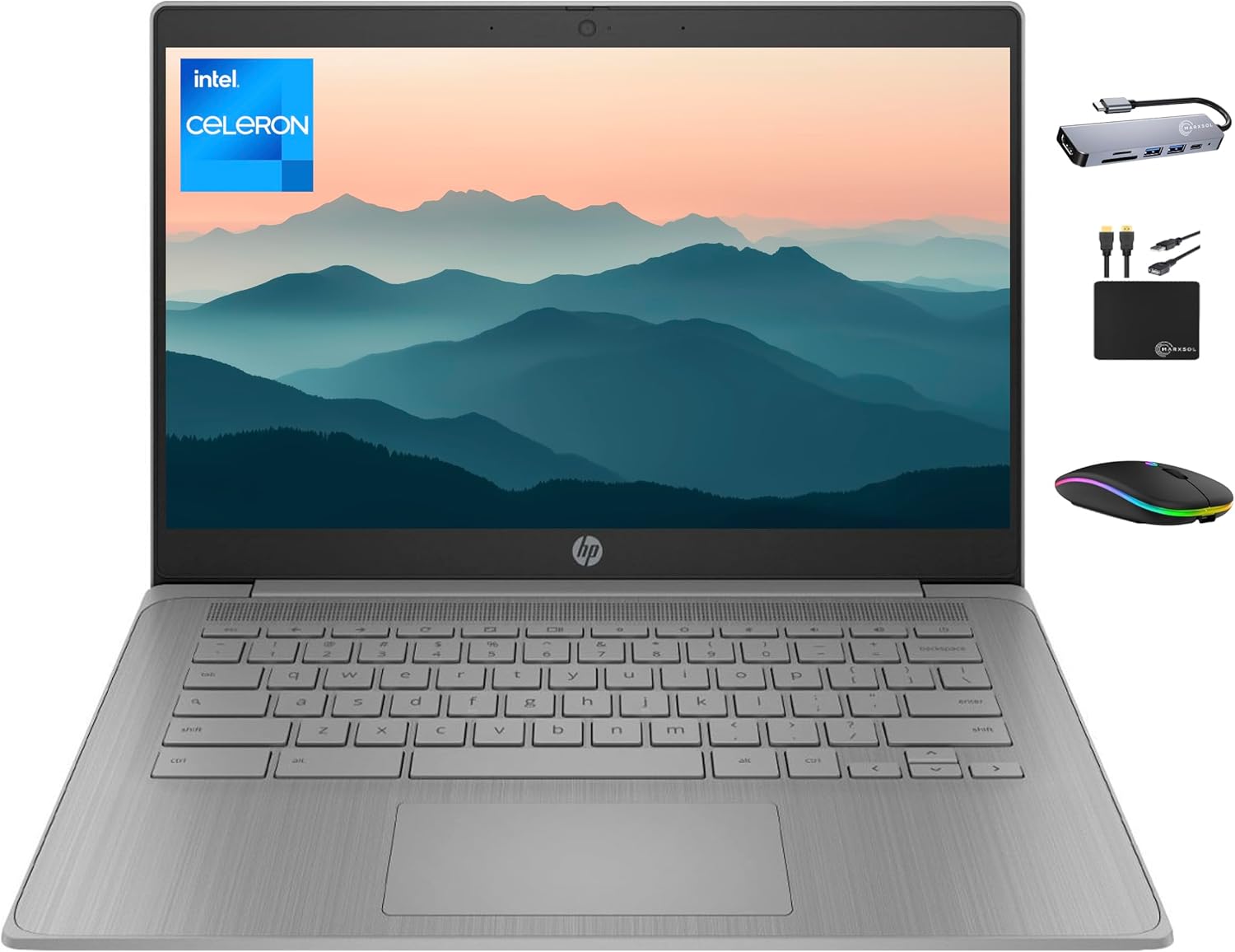 HP Chromebook 2025 Premium 14" HD Laptop Computer Light Slim Business, 4-Core Intel Processor, 4GB RAM, 192GB Storage (64GB eMMC+128GB Card), WiFi, Webcam, Long Battery, Chrome OS +MarxsolAccessor