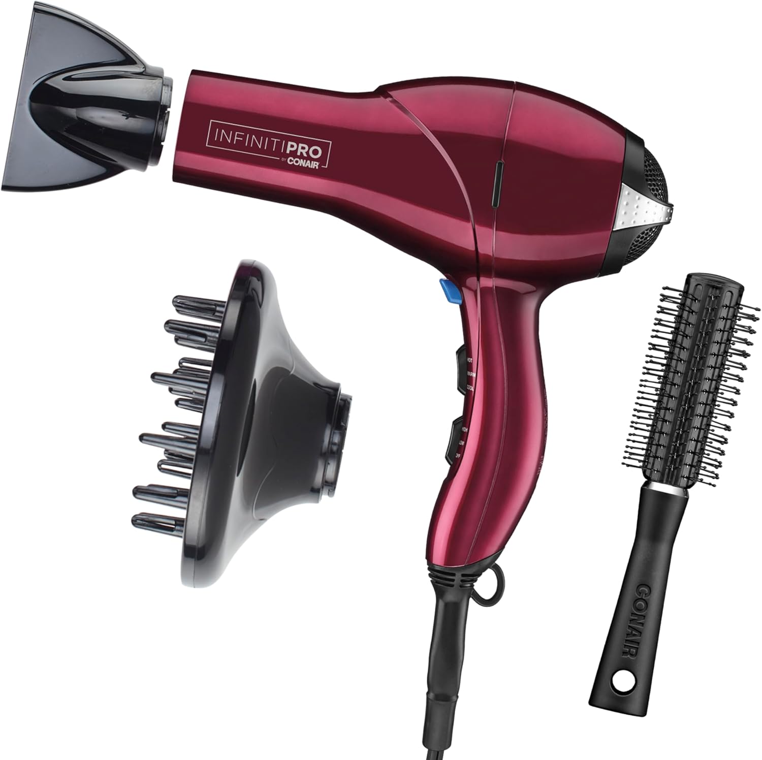 Infiniti PRO CONAIR Hair Dryer with Diffuser, Professional AC Motor, Tourmaline Ceramic Technology Blow Dryer, Includes Concentrator and Blowout Brush, Amazon Exclusive, Burgundy