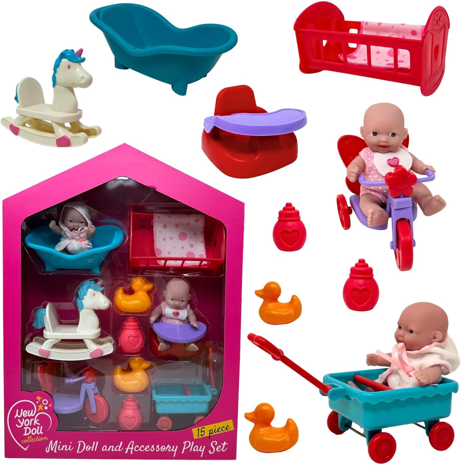 Mini Baby Doll Set, Small Baby Doll Playset with Mini Doll Accessories &amp; 5 inch Doll Furniture, Mini Dolls for Girls, Small Dolls for Girls, Mini Baby Dolls Toy Play Pack, 15pc Tiny Baby Doll Sets