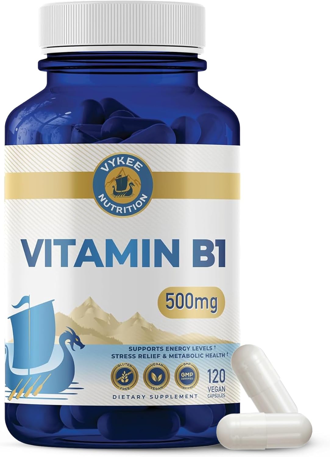 Vykee Nutrition Vitamin B1 (Thiamine) Capsules \u2013 Supports Energy Metabolism &amp; Nervous System Health \u2013 Vegan, Non-GMO, Gluten-Free \u2013 500 mg, 120 Count