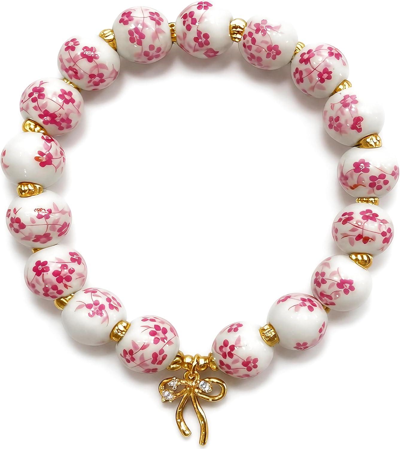 ROYONE Ceramic Bow Charm Beaded Bracelet for Women - Vintage Floral Stretch Jewelry Gift for Her