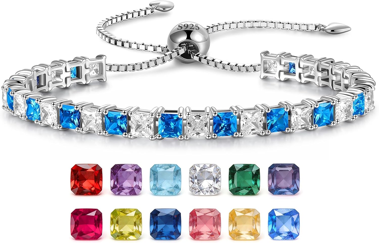 ETERMBOL Adjustable Birthstone Tennis Bracelet for Women, White Gold Plated Sterling Silver, 4mm Princess Cut 6-9in Slider Bolo Bracelet, Anniversary Birthday Gift for Friend Wife Mom Her