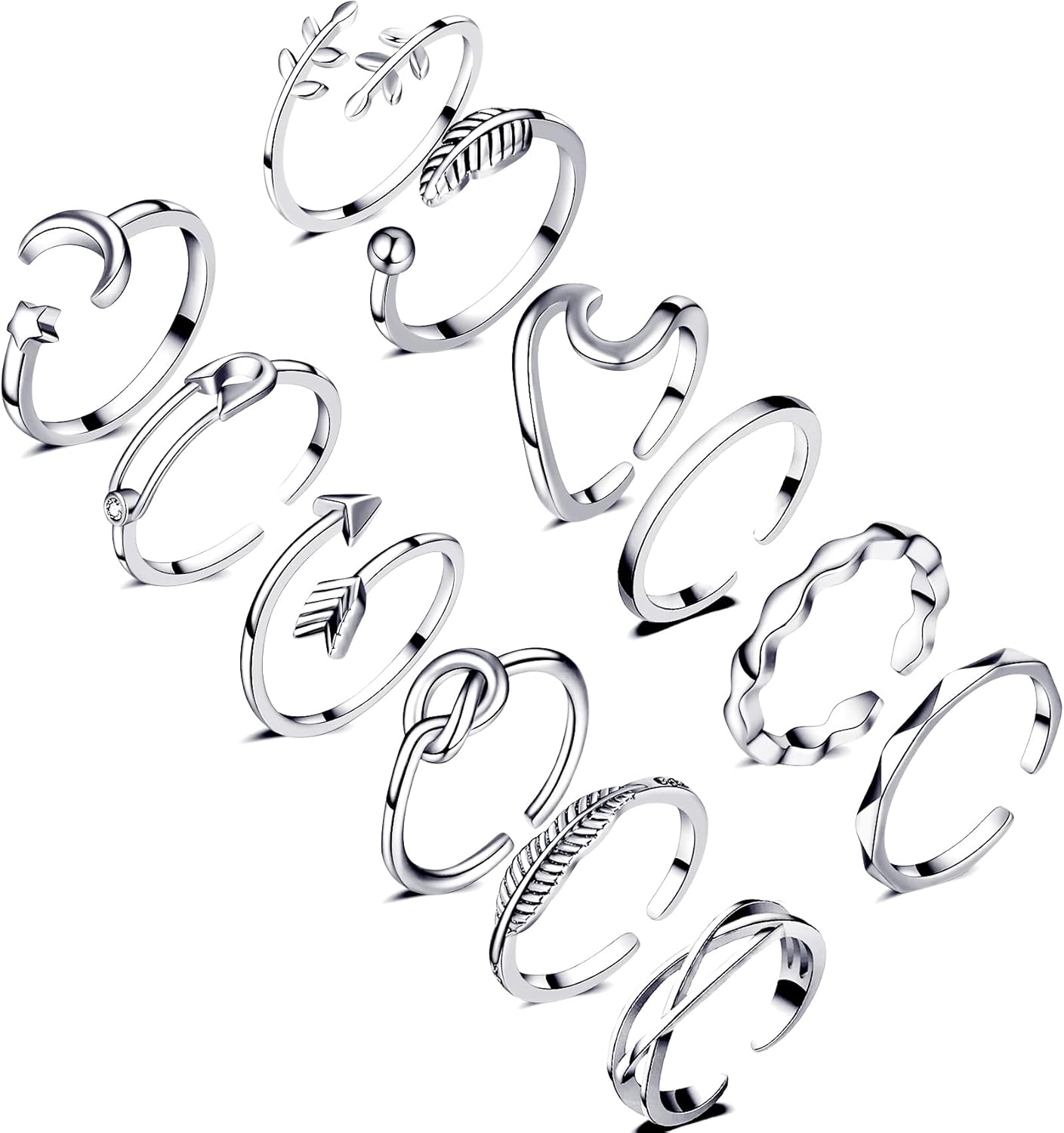 Honsny 12PCS Silver Plated Rings Adjustable Open Rings for Women Cute Gold Plated Stackable Thumb Rings Joint Chain Midi FingerArrow Knot Wave Band Rings Set
